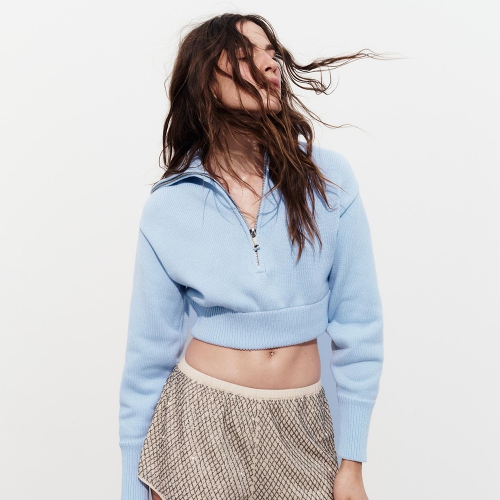 ZARA Knit Cropped Quarter Zip Sweater Blue Size Small